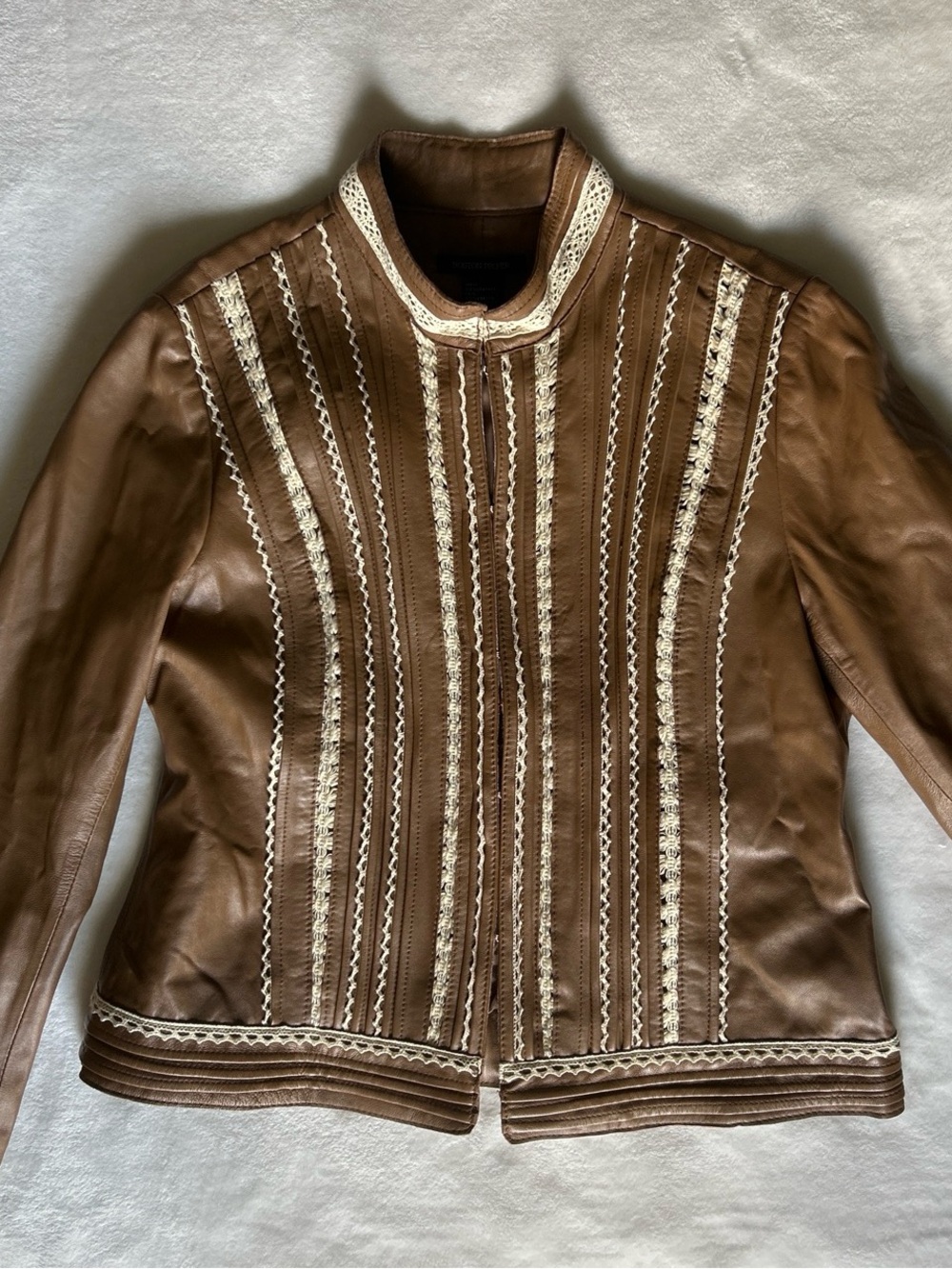 Boston Proper Brown Leather Jacket with Cream Lace Trim